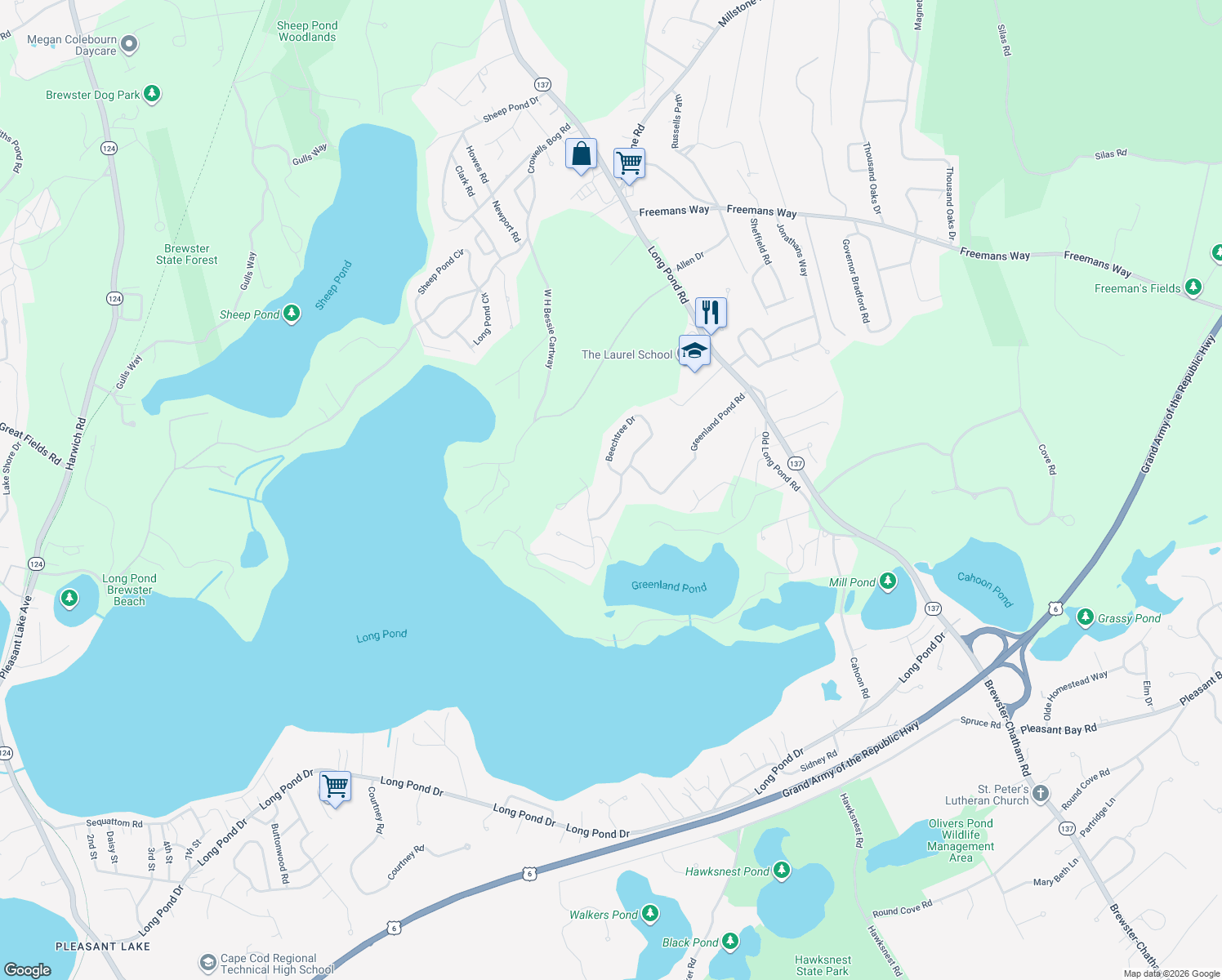 map of restaurants, bars, coffee shops, grocery stores, and more near 310 Greenland Pond Rd in Brewster