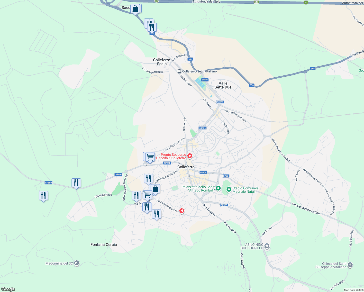 map of restaurants, bars, coffee shops, grocery stores, and more near Via Sant'Agnese in Colleferro