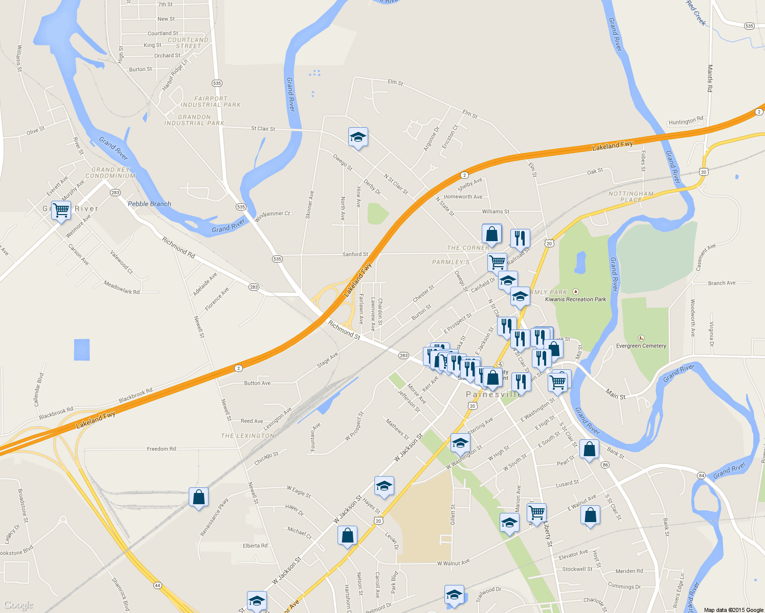 map of restaurants, bars, coffee shops, grocery stores, and more near 119 Barnes Ave in Painesville