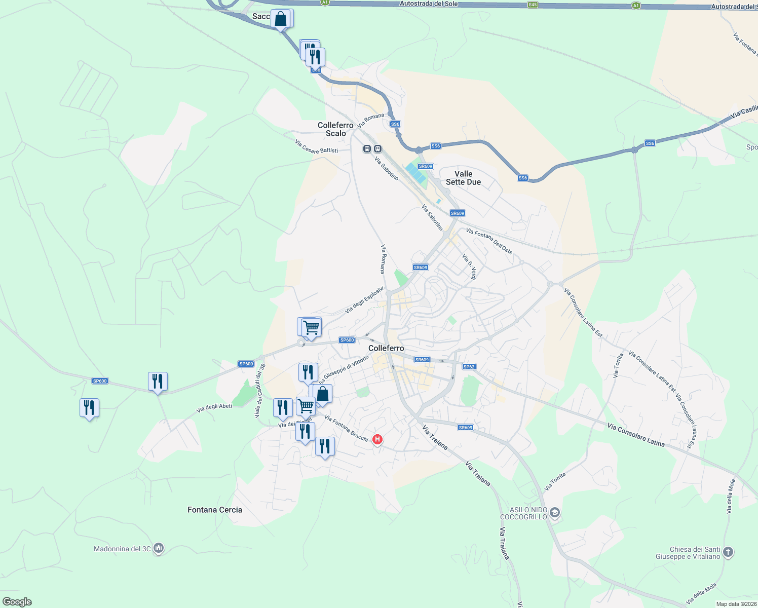 map of restaurants, bars, coffee shops, grocery stores, and more near 2 Via Santo Stefano in Colleferro