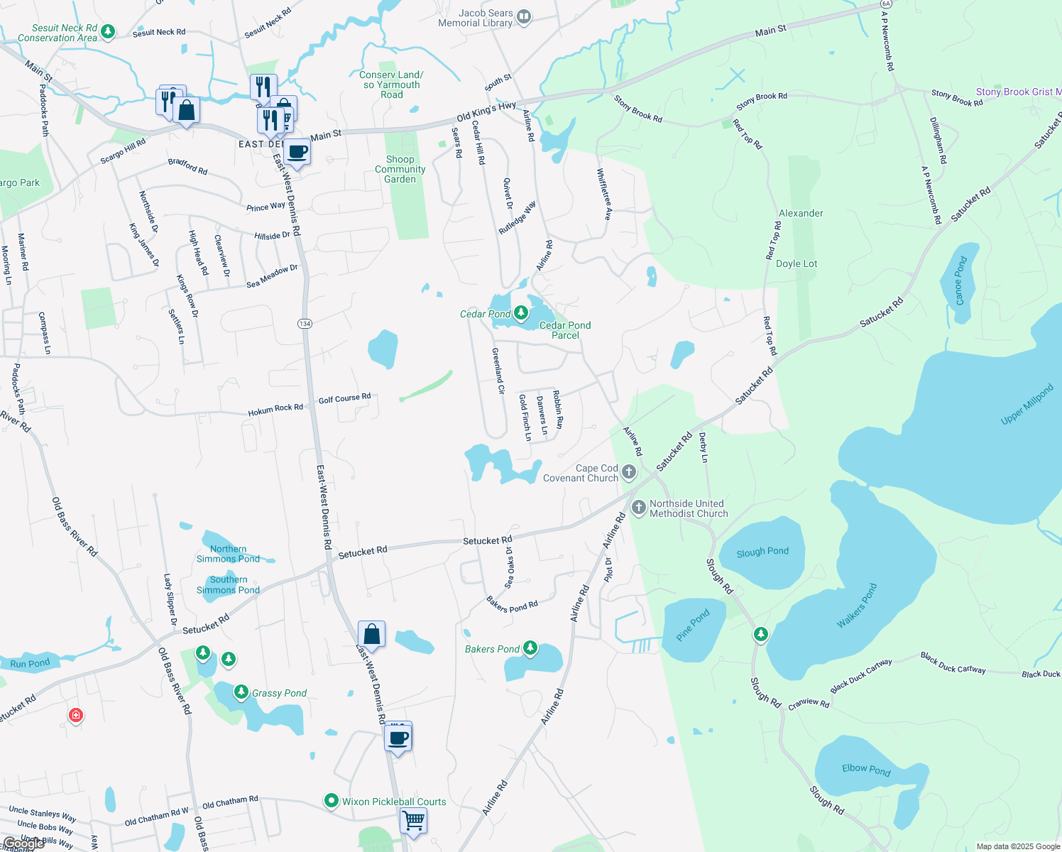 map of restaurants, bars, coffee shops, grocery stores, and more near 28 Gold Finch Lane in Dennis