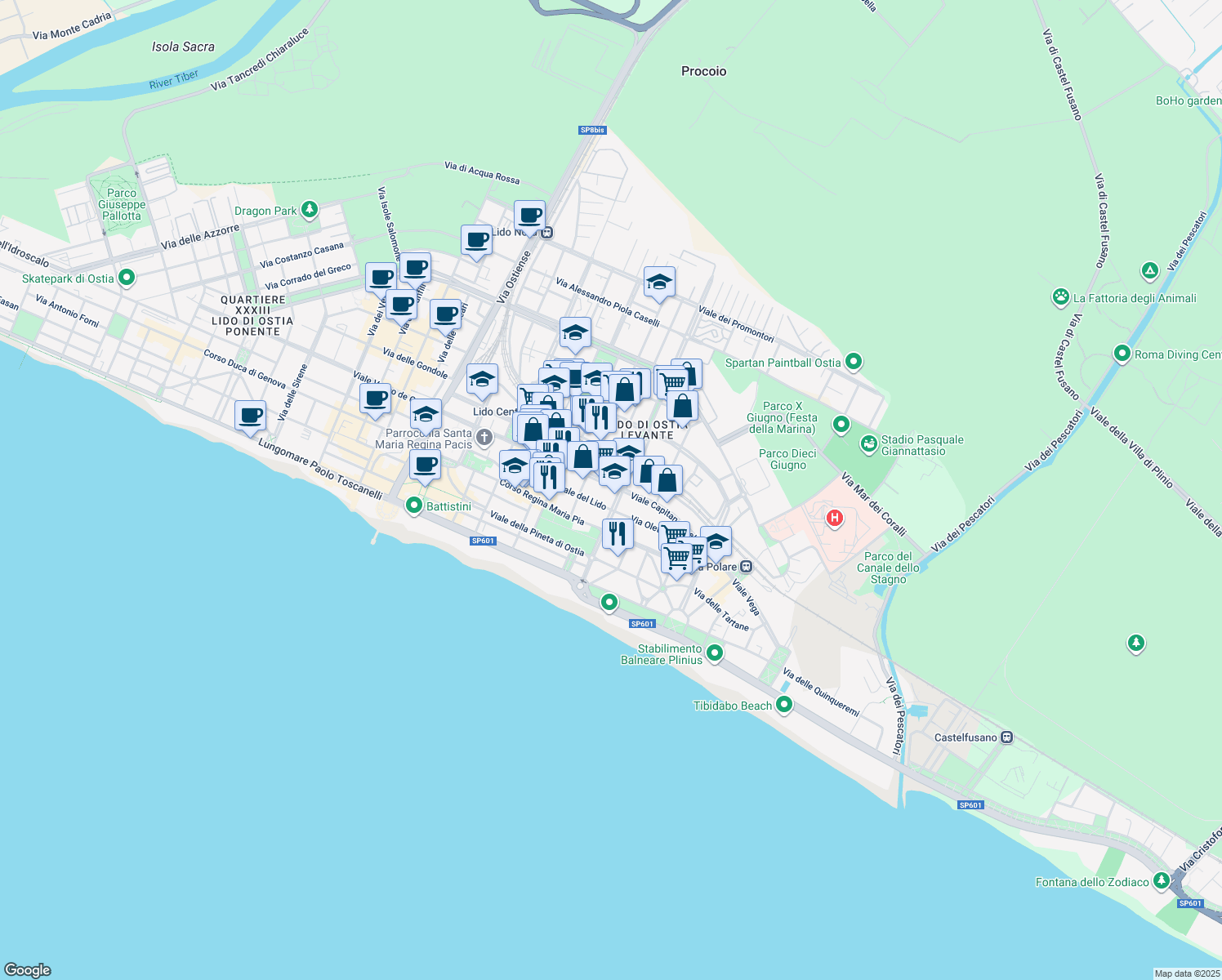 map of restaurants, bars, coffee shops, grocery stores, and more near 100 Viale Paolo Orlando in Lido di Ostia