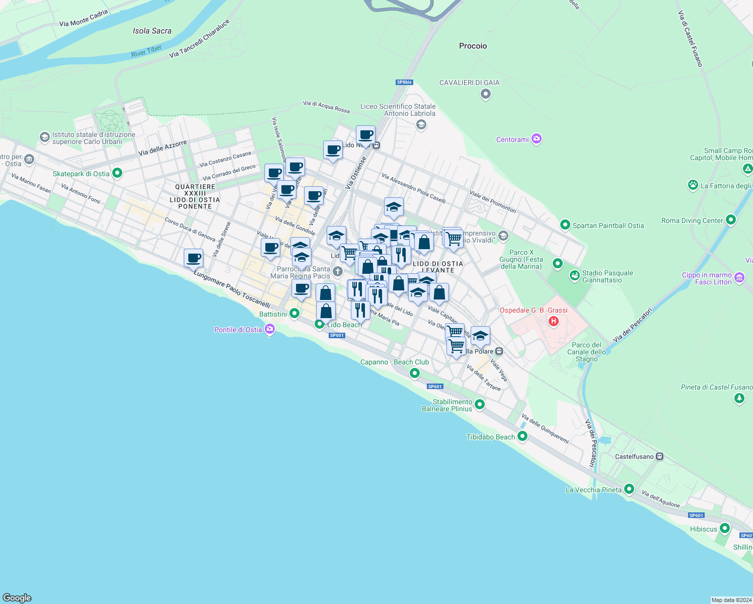 map of restaurants, bars, coffee shops, grocery stores, and more near 134 Via Pietro Rosa in Lido di Ostia