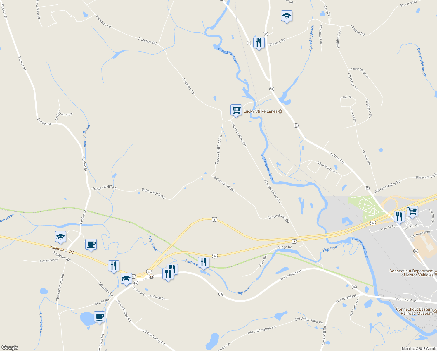 map of restaurants, bars, coffee shops, grocery stores, and more near 378 Babcock Hill Road in Coventry