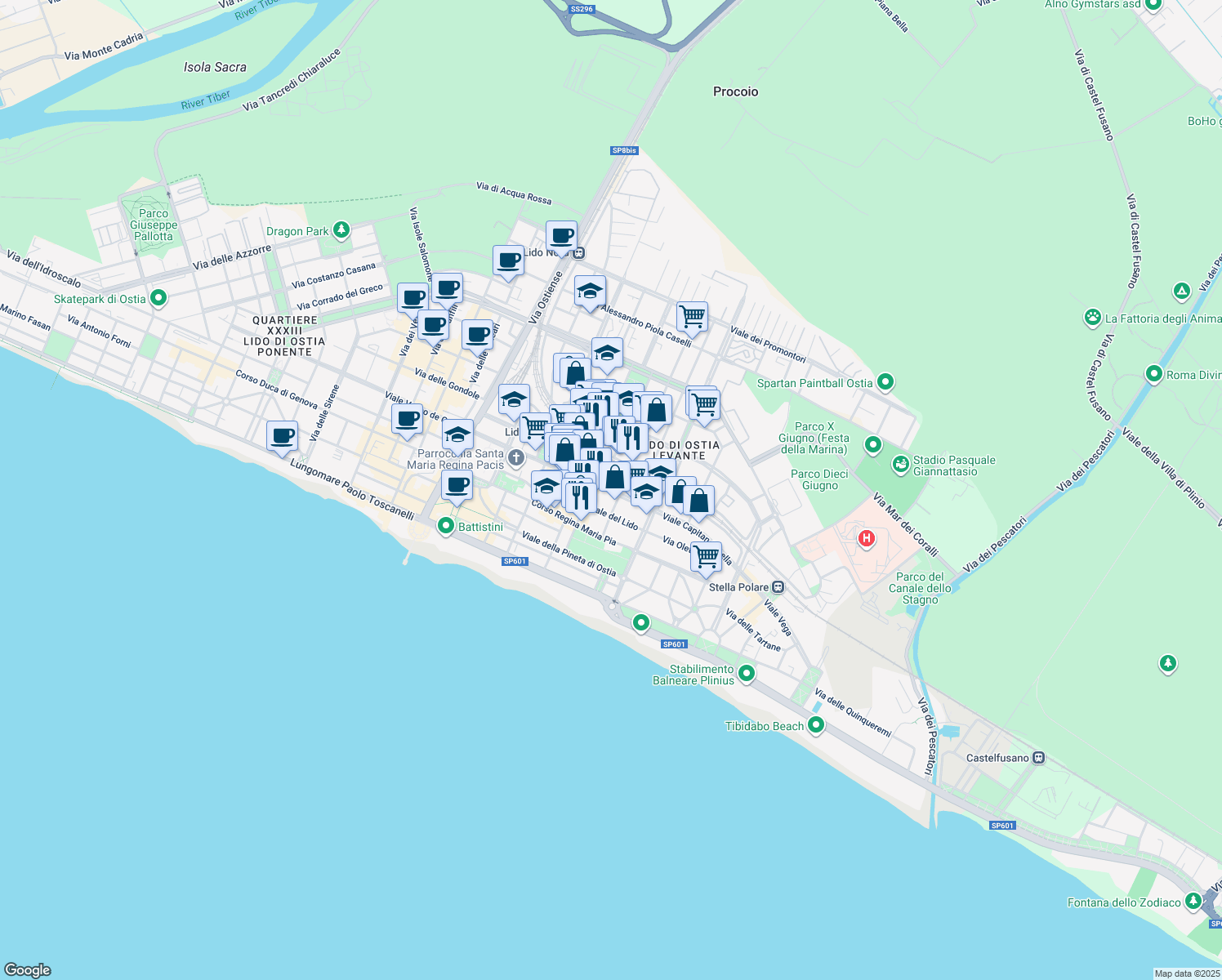map of restaurants, bars, coffee shops, grocery stores, and more near in Ostia