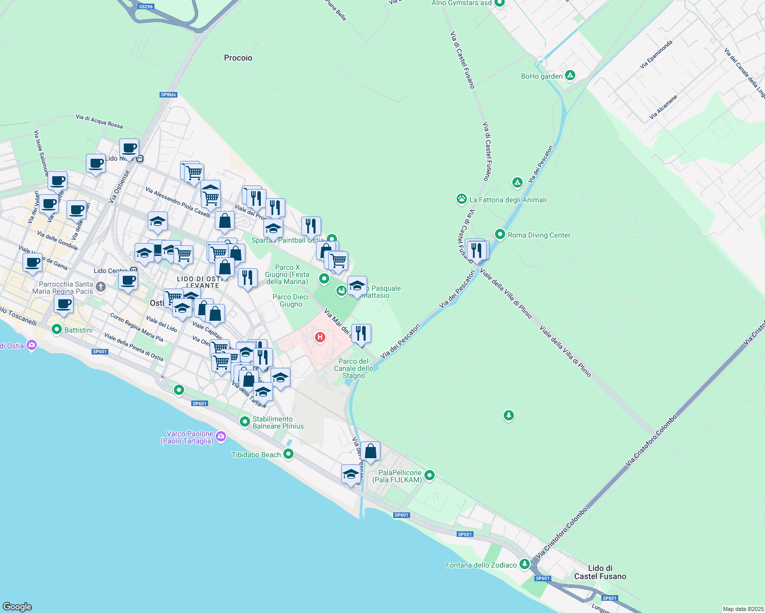 map of restaurants, bars, coffee shops, grocery stores, and more near 340 Via Mar Rosso in Lido di Ostia
