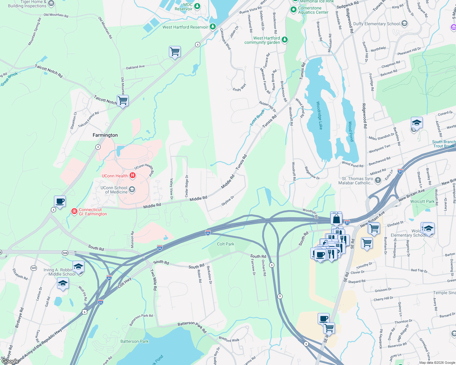 map of restaurants, bars, coffee shops, grocery stores, and more near 365 Middle Road in Farmington