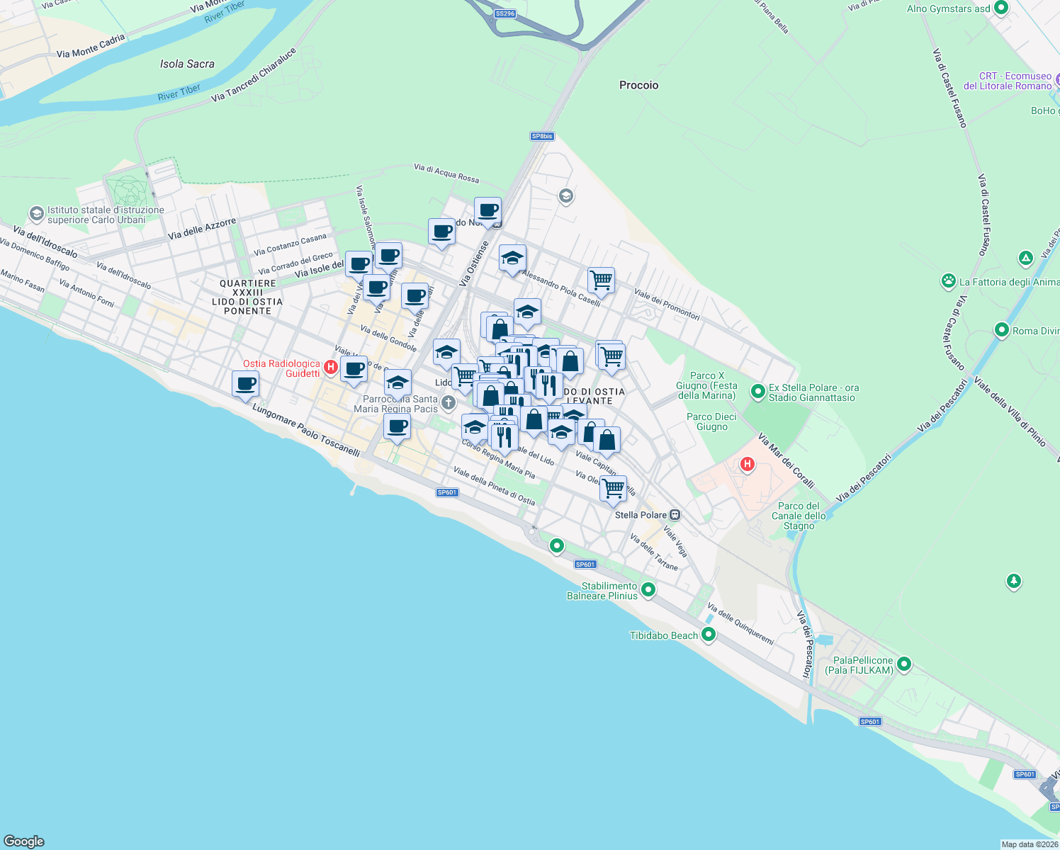map of restaurants, bars, coffee shops, grocery stores, and more near in Ostia