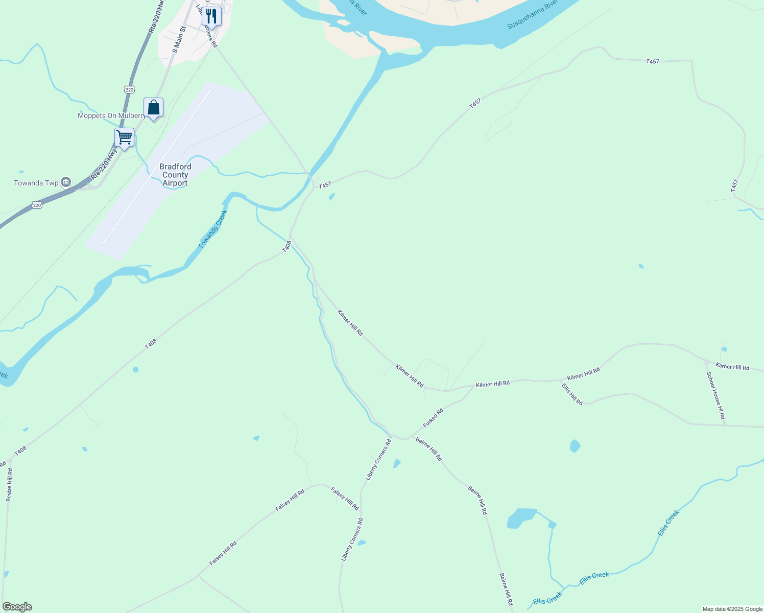 map of restaurants, bars, coffee shops, grocery stores, and more near 229 Kingsley Hill Road in Towanda
