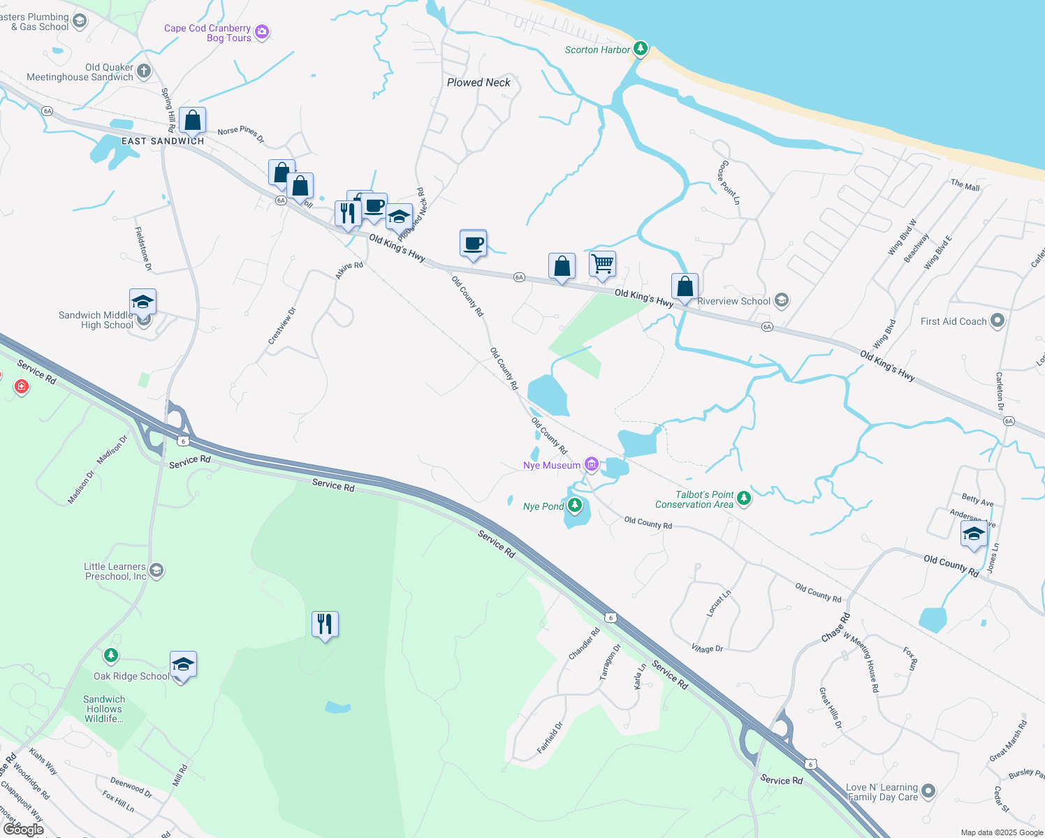 map of restaurants, bars, coffee shops, grocery stores, and more near 54 Old County Road in Sandwich