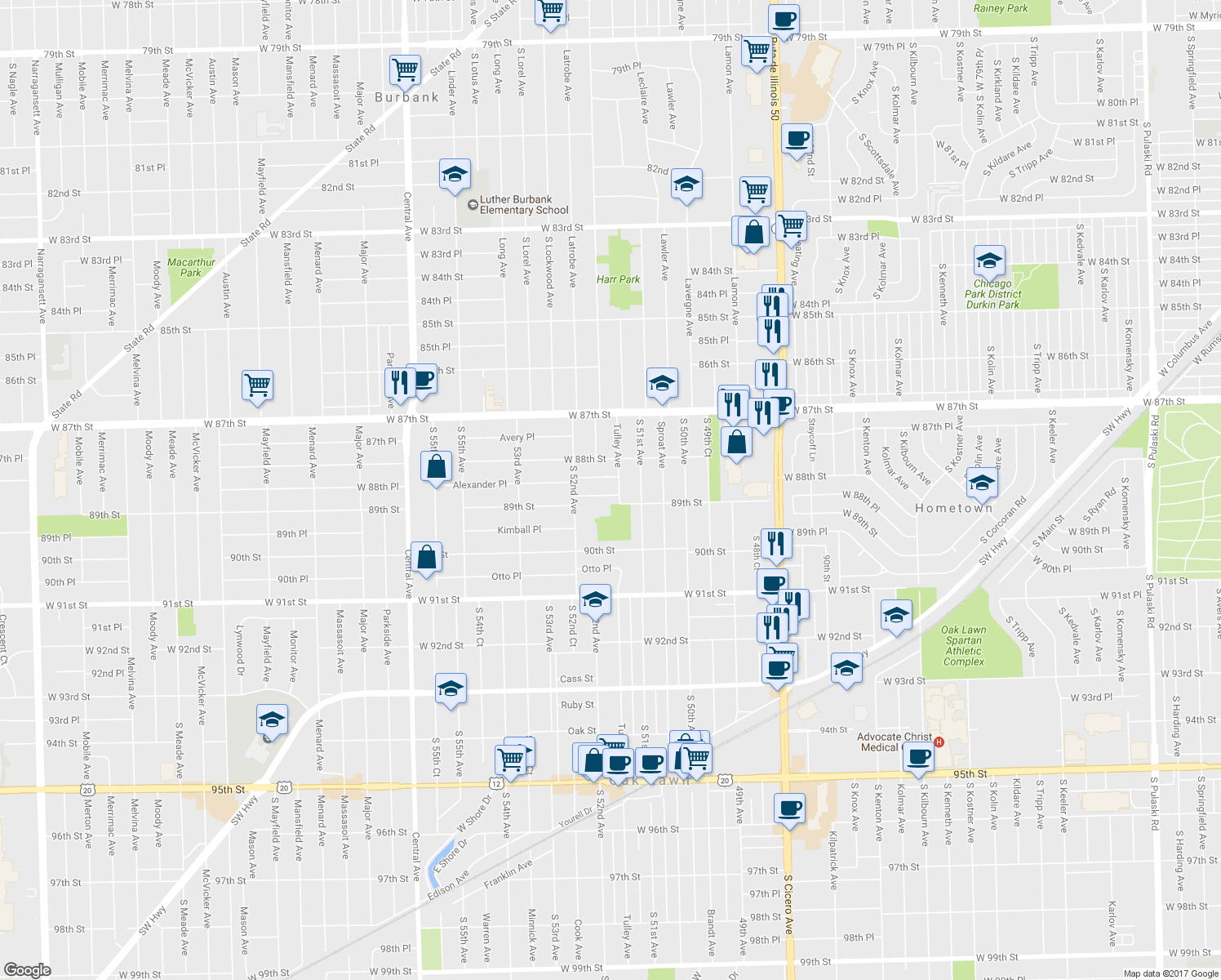 map of restaurants, bars, coffee shops, grocery stores, and more near 5156 Alexander Place in Oak Lawn