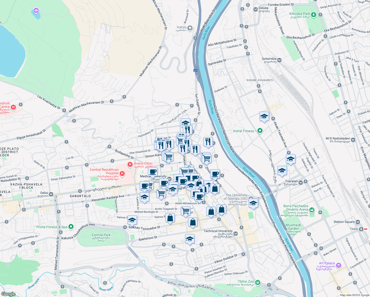 map of restaurants, bars, coffee shops, grocery stores, and more near Zurab Zhvania Square in Tbilisi