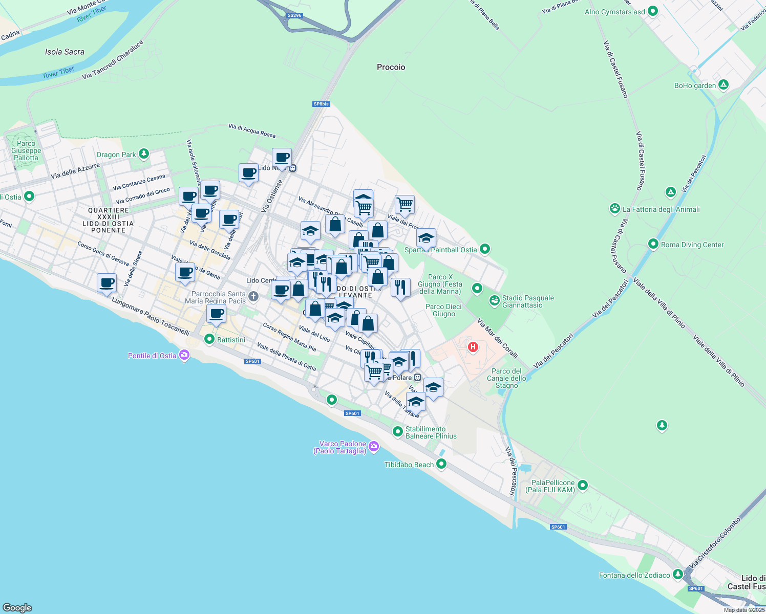 map of restaurants, bars, coffee shops, grocery stores, and more near 46 Via Ferdinando Acton in Lido di Ostia