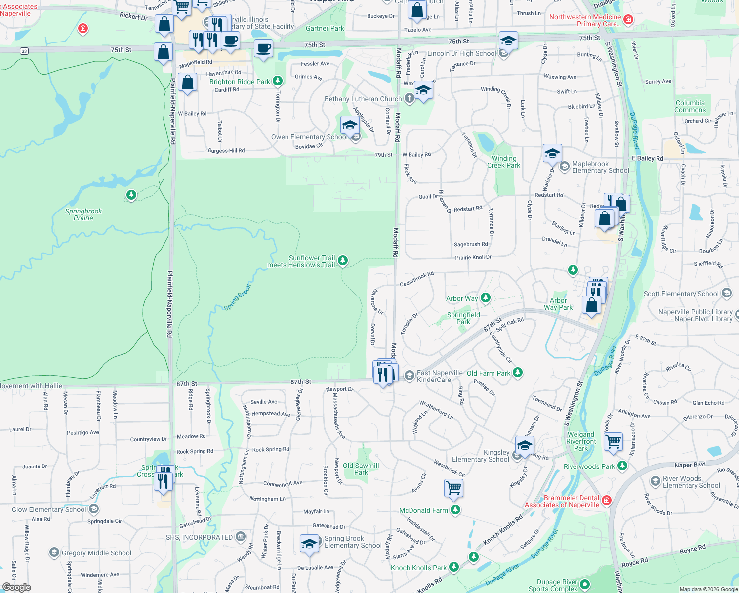 map of restaurants, bars, coffee shops, grocery stores, and more near 1973 Navarone Drive in Naperville