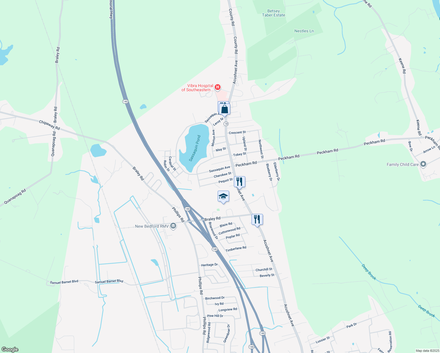 map of restaurants, bars, coffee shops, grocery stores, and more near 1056 Cherokee St in New Bedford