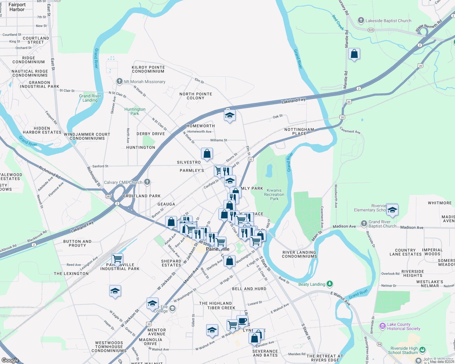 map of restaurants, bars, coffee shops, grocery stores, and more near 324 North State Street in Painesville