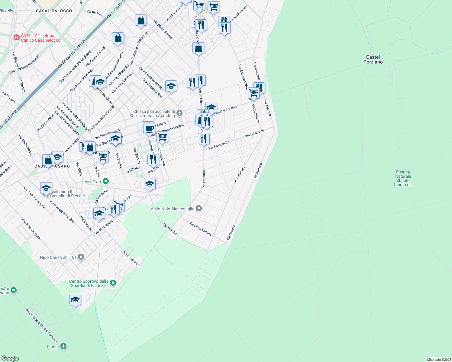 map of restaurants, bars, coffee shops, grocery stores, and more near 27 Via Strigno in Città metropolitana di Roma Capitale