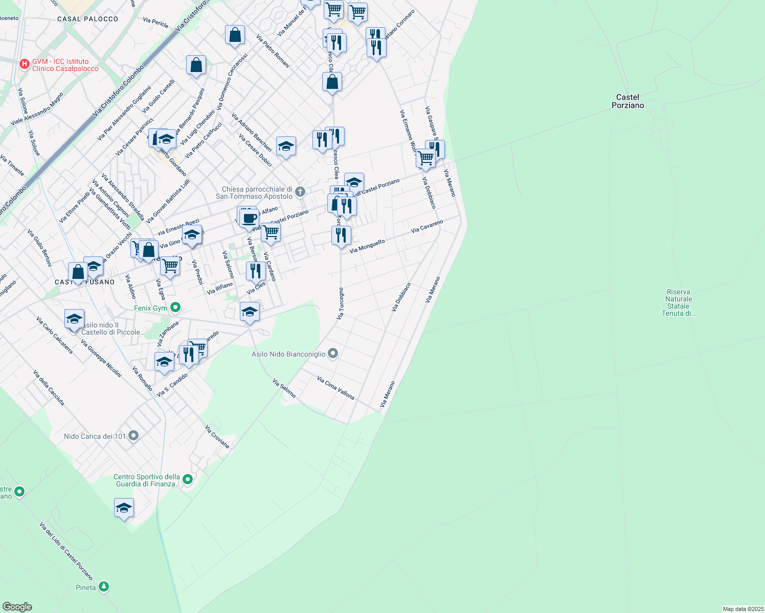 map of restaurants, bars, coffee shops, grocery stores, and more near 27 Via Strigno in Città metropolitana di Roma Capitale