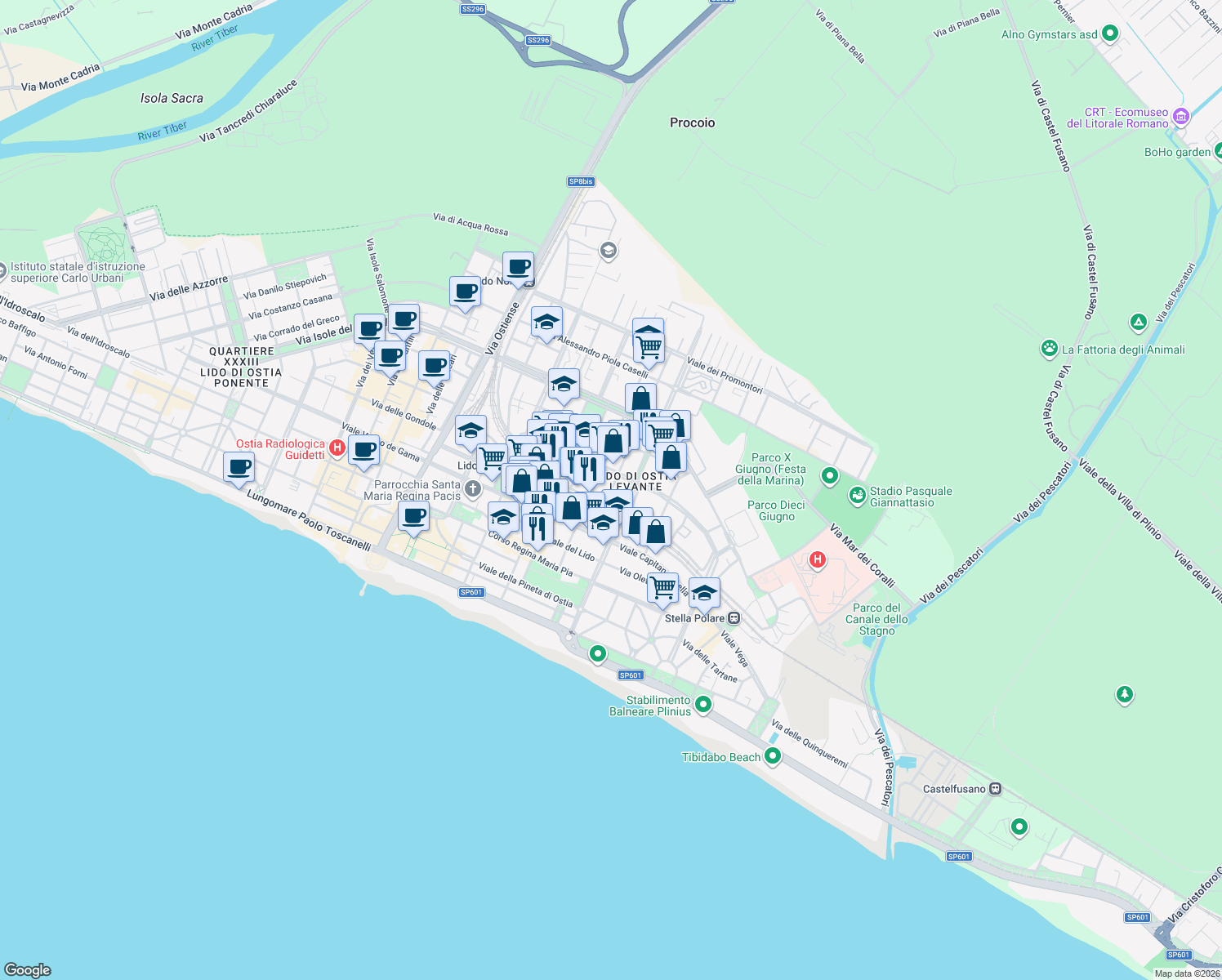 map of restaurants, bars, coffee shops, grocery stores, and more near 14 Via Federico Paolini in Lido di Ostia