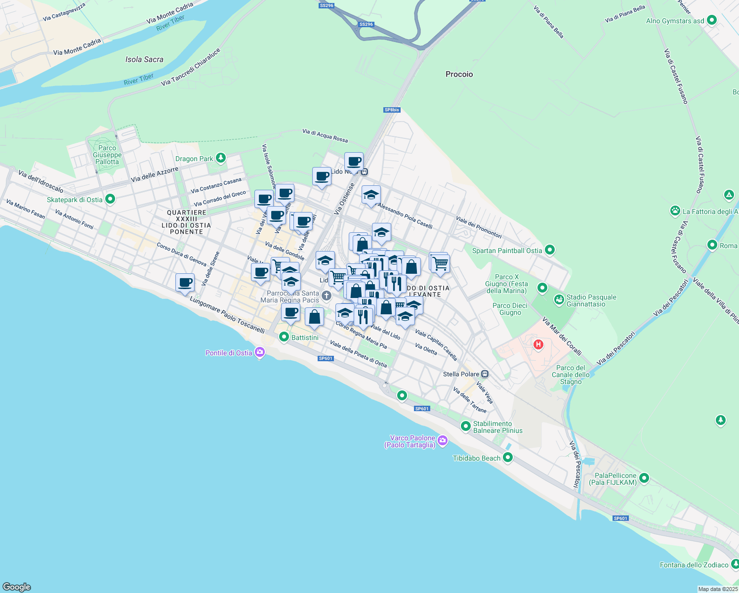 map of restaurants, bars, coffee shops, grocery stores, and more near 38 Via della Stazione del Lido in Lido di Ostia