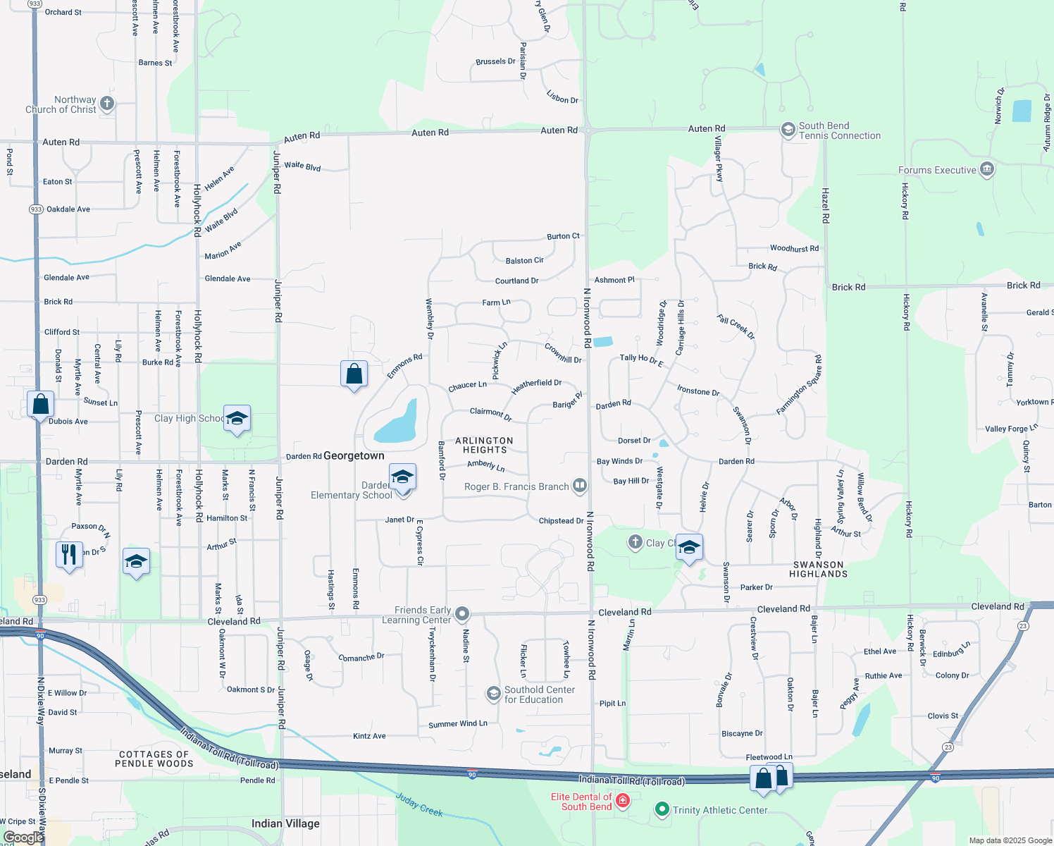 map of restaurants, bars, coffee shops, grocery stores, and more near 52565 Walsingham Ln in South Bend