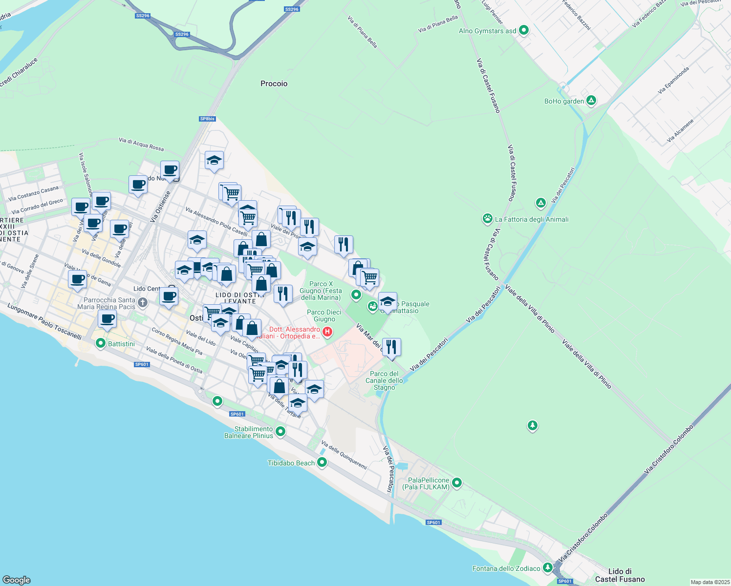 map of restaurants, bars, coffee shops, grocery stores, and more near 446 Viale dei Promontori in Lido di Ostia