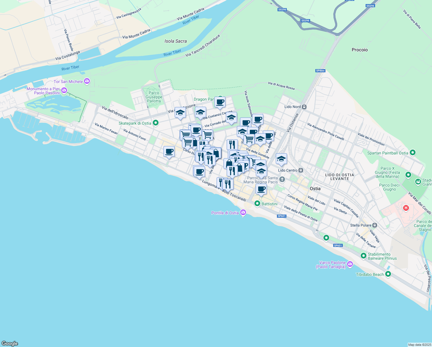 map of restaurants, bars, coffee shops, grocery stores, and more near 40 Via Adolfo Cozza in Lido di Ostia