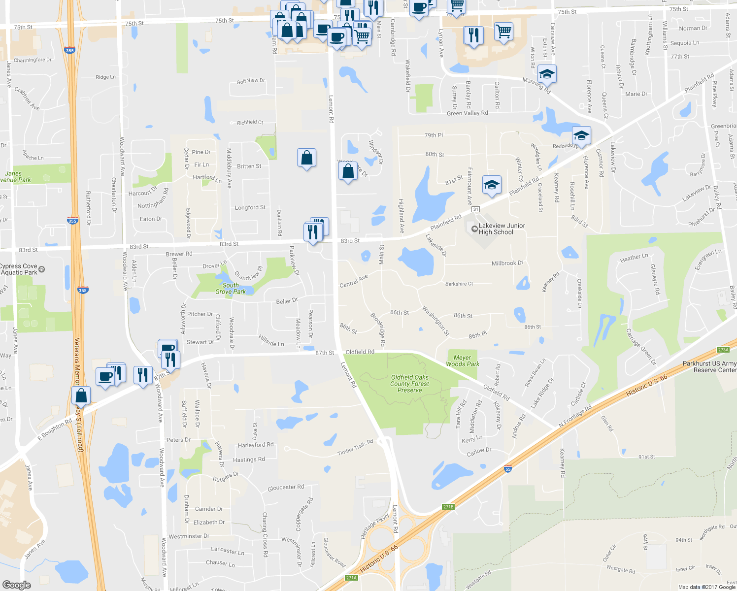 map of restaurants, bars, coffee shops, grocery stores, and more near 8501 Brookridge Road in Downers Grove