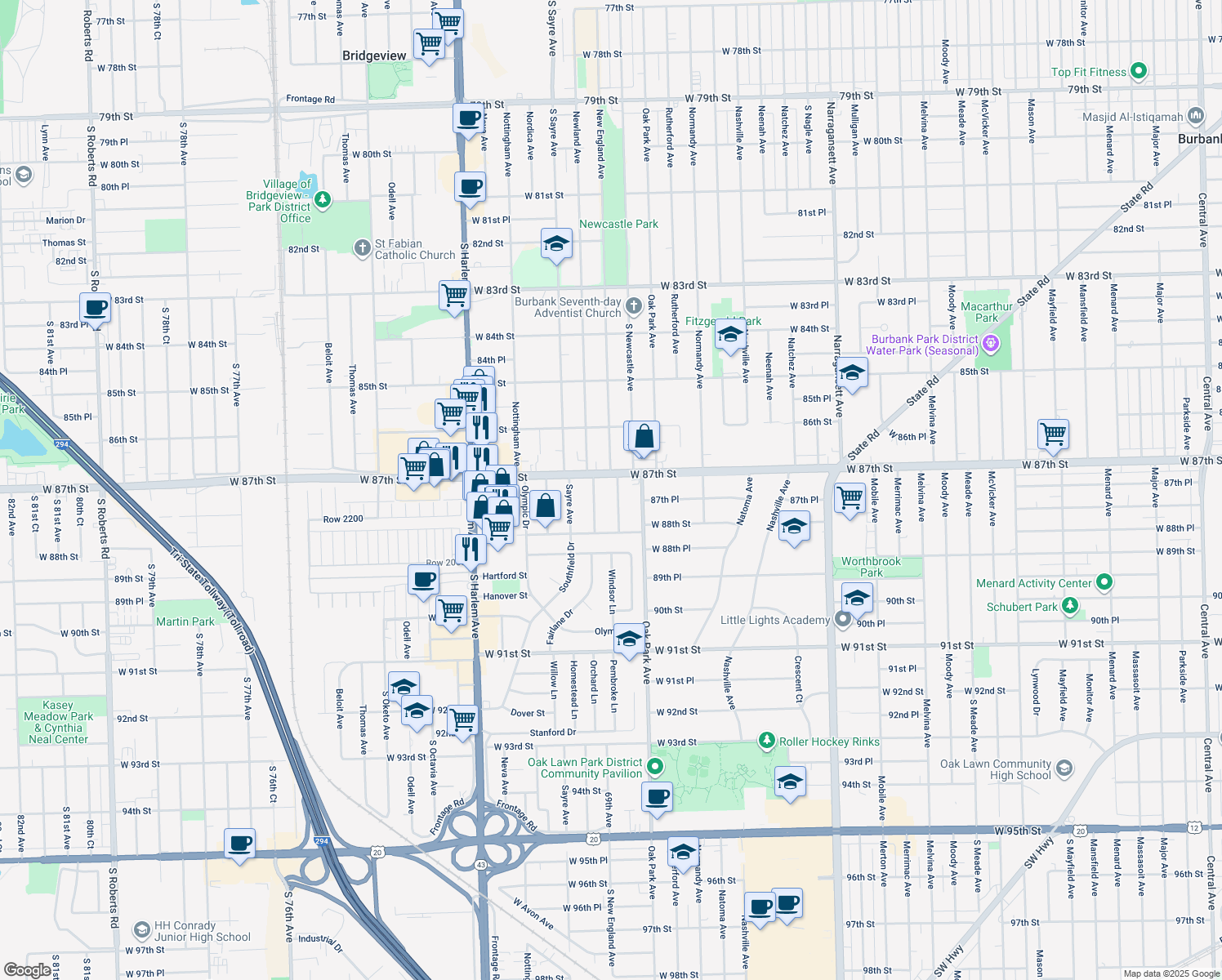 map of restaurants, bars, coffee shops, grocery stores, and more near 8710 New England Avenue in Oak Lawn