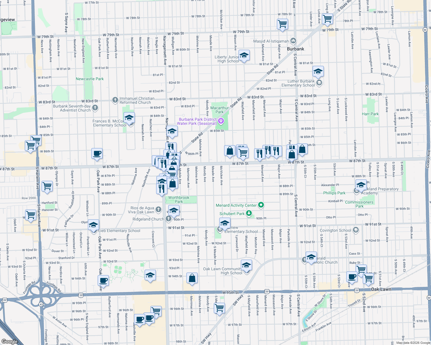 map of restaurants, bars, coffee shops, grocery stores, and more near 8739 Meade Avenue in Oak Lawn