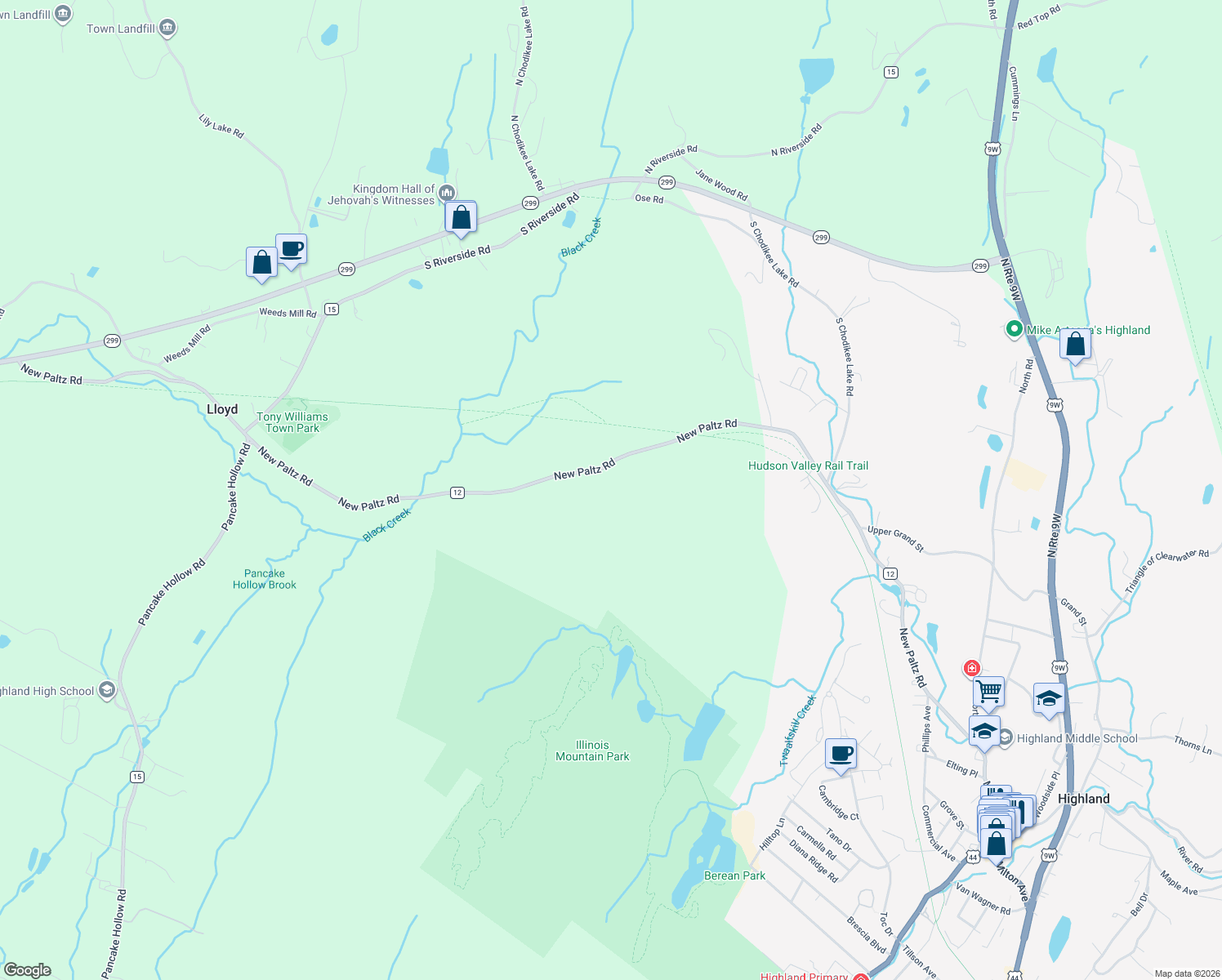 map of restaurants, bars, coffee shops, grocery stores, and more near 247 New Paltz Road in Highland