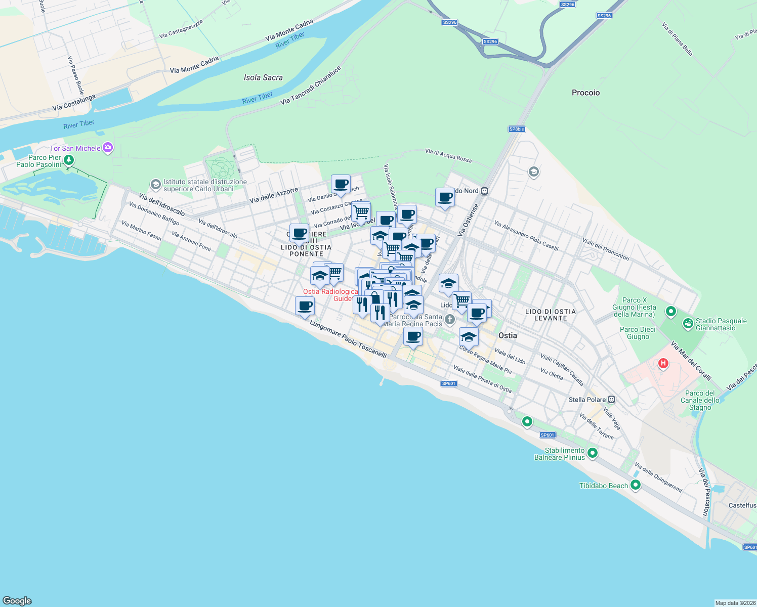 map of restaurants, bars, coffee shops, grocery stores, and more near 34 Via Orazio dello Sbirro in Lido di Ostia