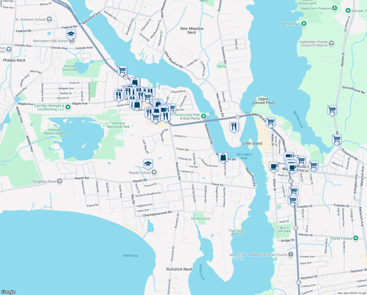map of restaurants, bars, coffee shops, grocery stores, and more near 16 Chapin Road in Barrington