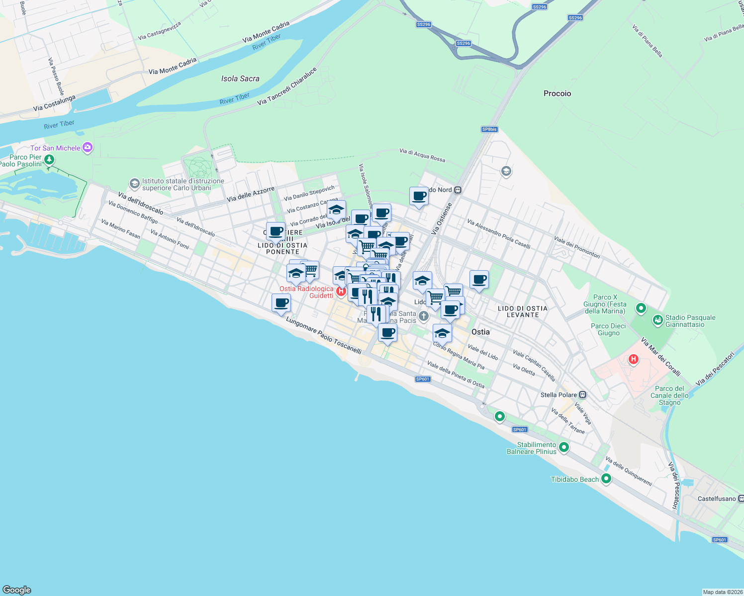 map of restaurants, bars, coffee shops, grocery stores, and more near 34 Via Orazio dello Sbirro in Lido di Ostia