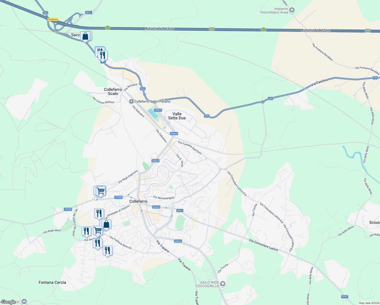 map of restaurants, bars, coffee shops, grocery stores, and more near 9 Via A. Manzoni in Colleferro