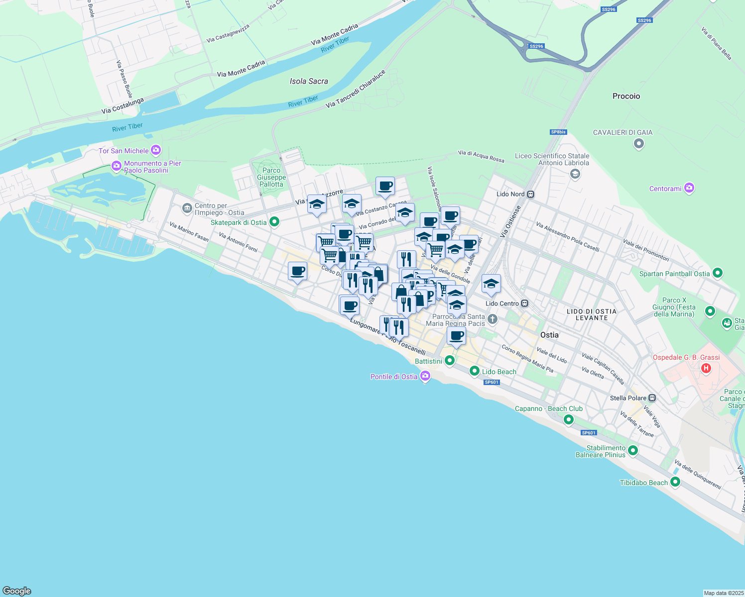map of restaurants, bars, coffee shops, grocery stores, and more near 40 Via Adolfo Cozza in Lido di Ostia