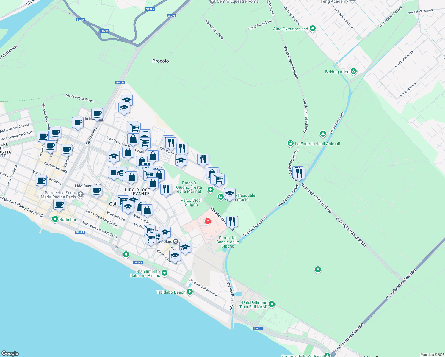 map of restaurants, bars, coffee shops, grocery stores, and more near 446 Viale dei Promontori in Lido di Ostia