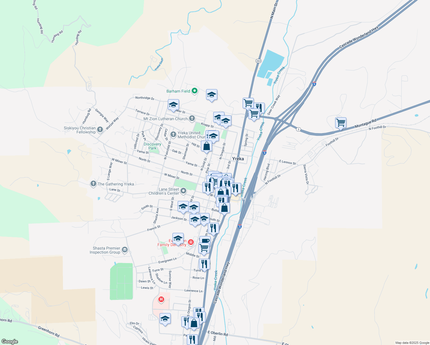 map of restaurants, bars, coffee shops, grocery stores, and more near 223 North Oregon Street in Yreka