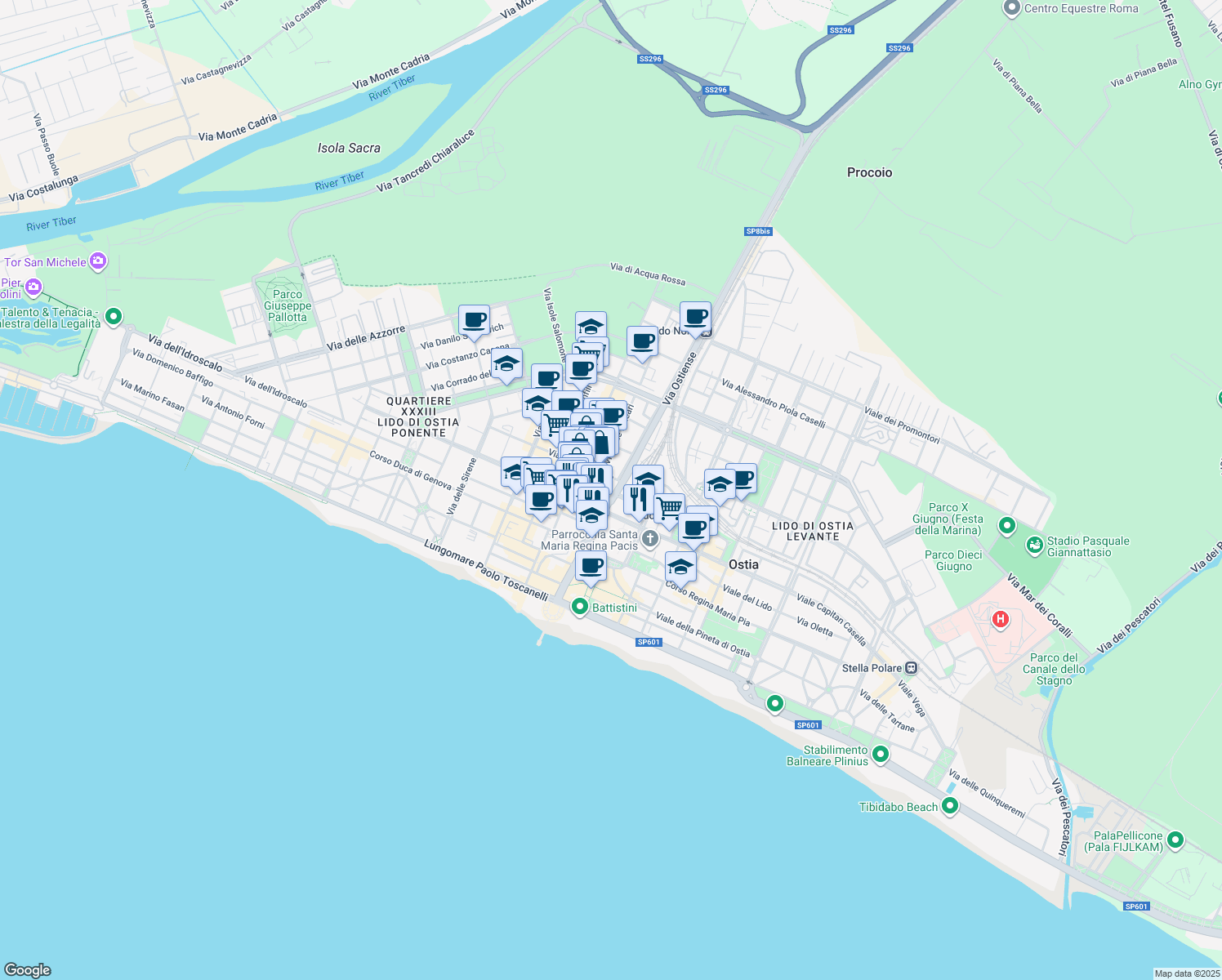 map of restaurants, bars, coffee shops, grocery stores, and more near 34 Via delle Gondole in Lido di Ostia