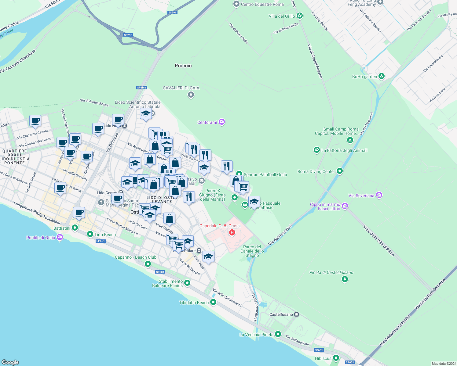 map of restaurants, bars, coffee shops, grocery stores, and more near 372 Viale dei Promontori in Lido di Ostia