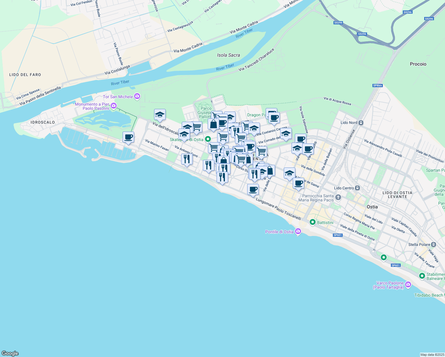 map of restaurants, bars, coffee shops, grocery stores, and more near 3 Via delle Zattere in Lido di Ostia