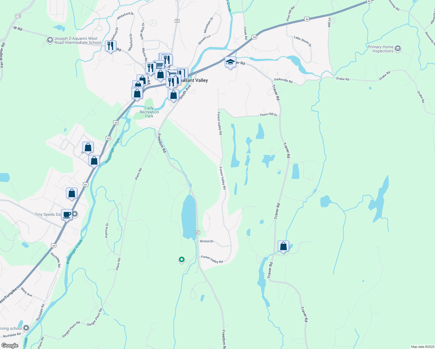 map of restaurants, bars, coffee shops, grocery stores, and more near 191 Forest Valley Road in Pleasant Valley