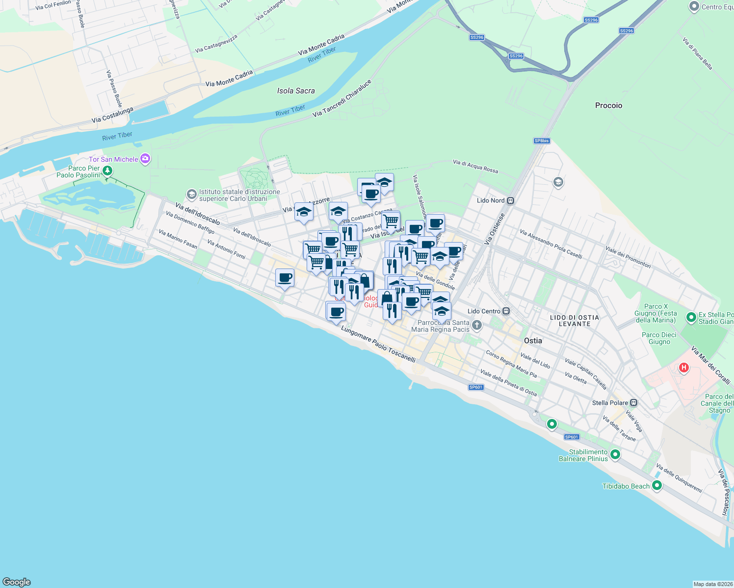 map of restaurants, bars, coffee shops, grocery stores, and more near 74 Via delle Sirene in Lido di Ostia