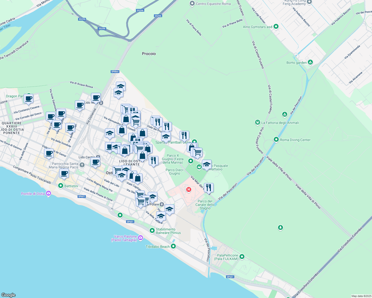 map of restaurants, bars, coffee shops, grocery stores, and more near 418 Viale dei Promontori in Lido di Ostia