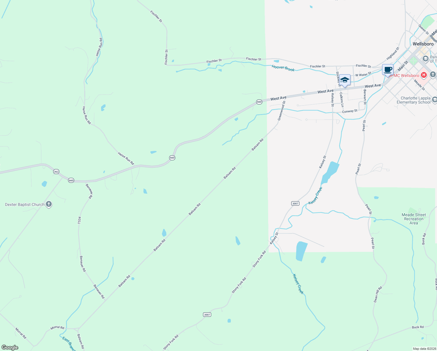 map of restaurants, bars, coffee shops, grocery stores, and more near 304 Balsam Road in Wellsboro