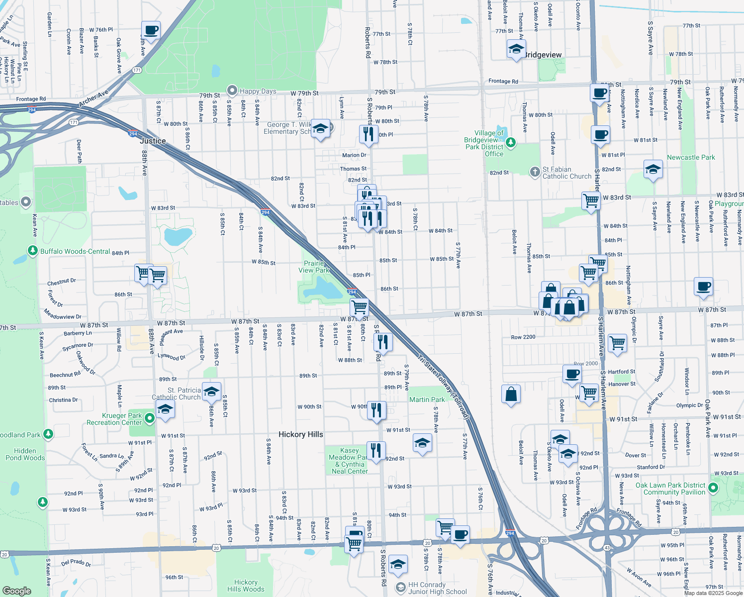 map of restaurants, bars, coffee shops, grocery stores, and more near 8648 S Roberts Rd in Oak Lawn