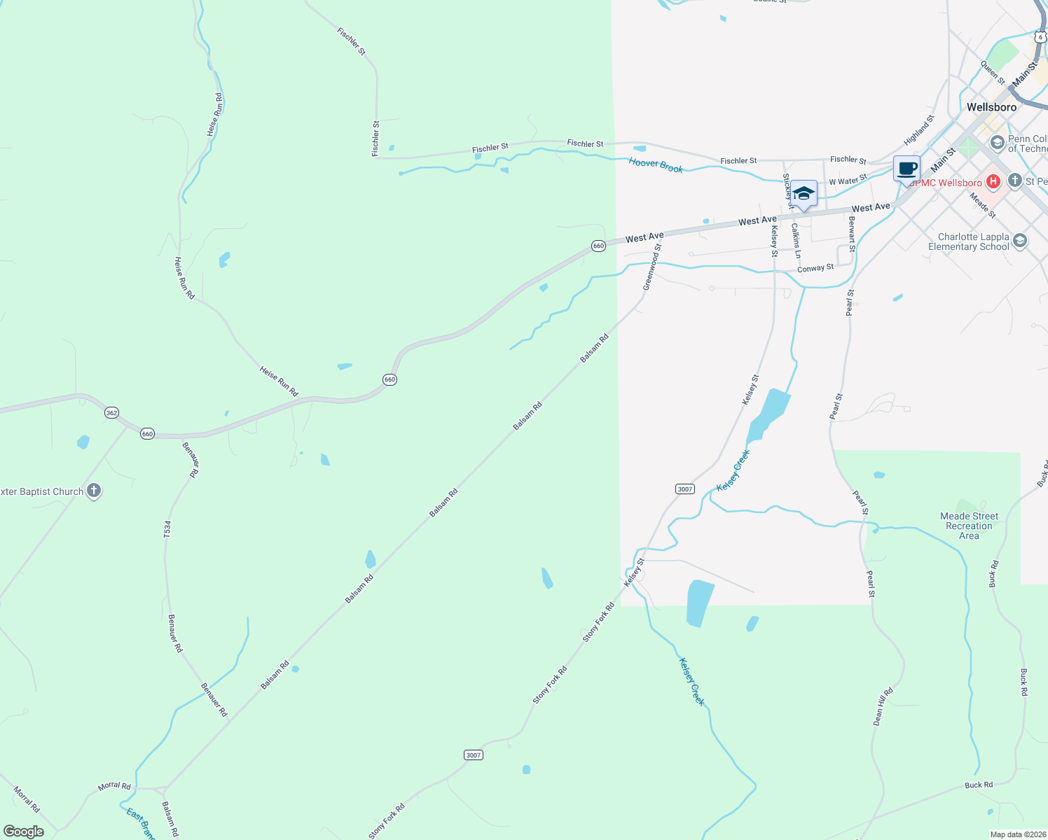 map of restaurants, bars, coffee shops, grocery stores, and more near 304 Balsam Road in Wellsboro