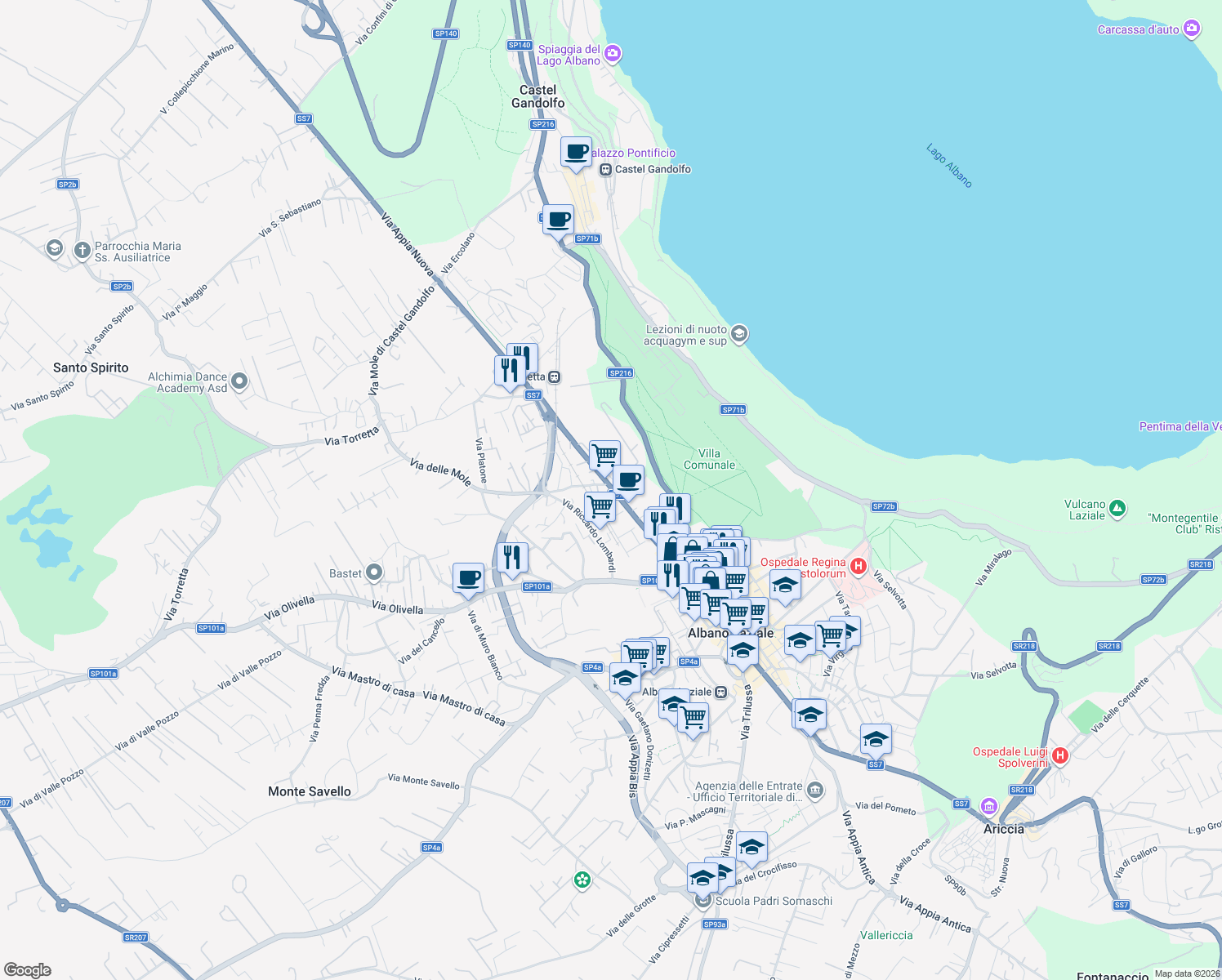 map of restaurants, bars, coffee shops, grocery stores, and more near 23 Via Appia Nuova in Albano Laziale