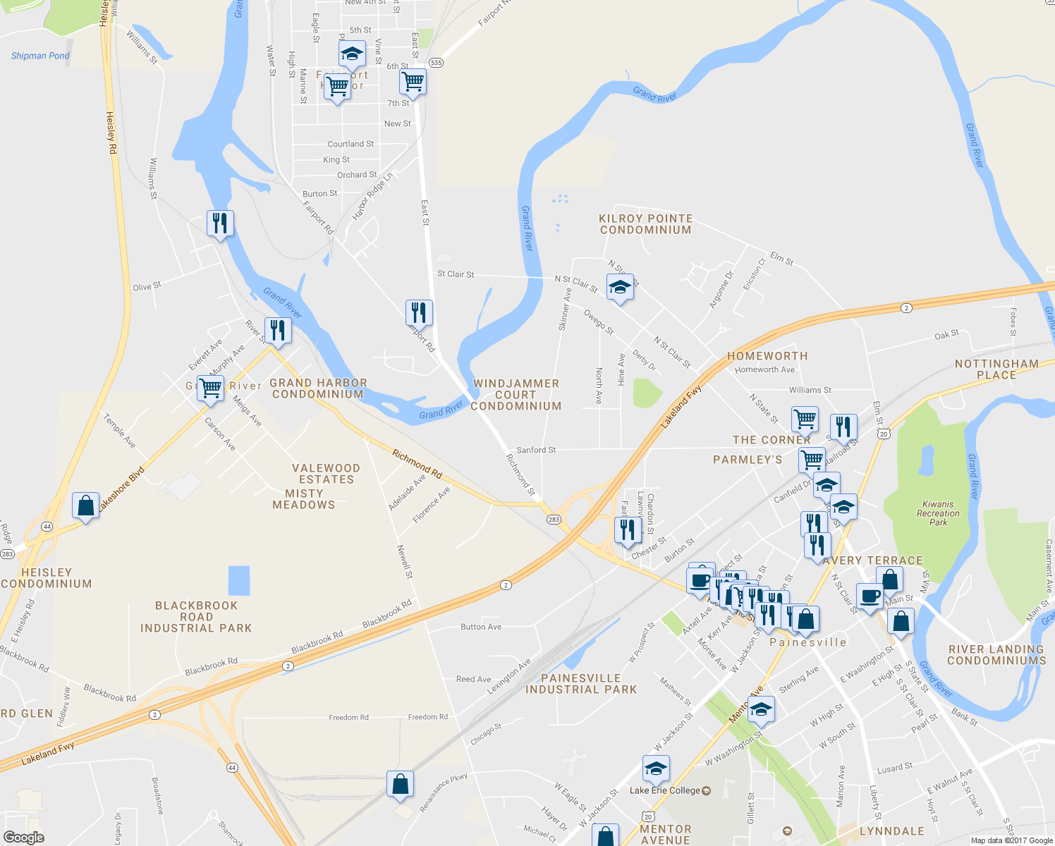 map of restaurants, bars, coffee shops, grocery stores, and more near 835 Skinner Ave in Painesville