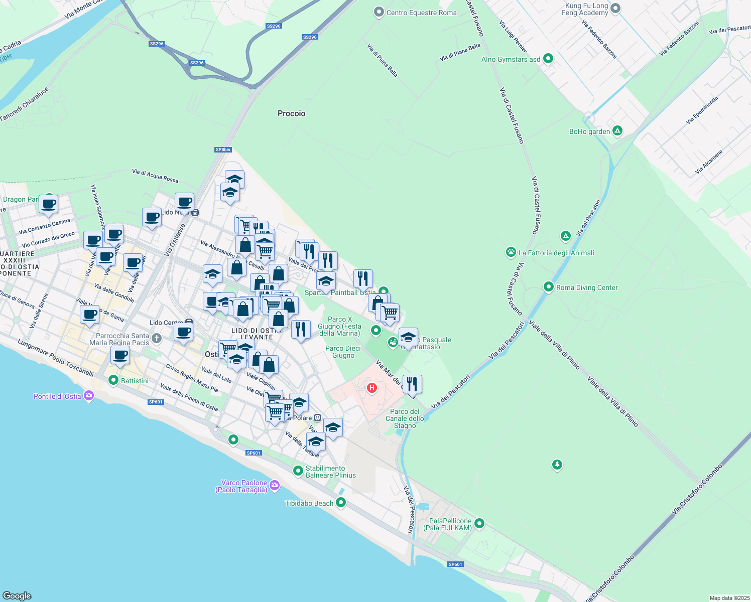 map of restaurants, bars, coffee shops, grocery stores, and more near 418 Viale dei Promontori in Lido di Ostia